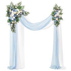 a blue and white wedding arch decorated with flowers