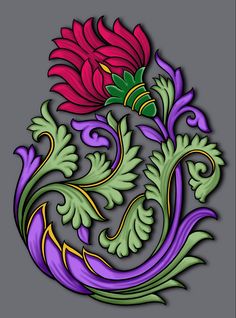 an artistically designed floral design on a gray backgrounge background with red and purple flowers