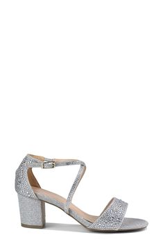 Complete your special-occasion look with the dazzling style of this crystal-encrusted block-heel sandal. 2" heel Synthetic upper, lining and sole Imported Sparkling Open Toe Sandals For Holiday, Silver Block Heel Sandals For Prom, Holiday Heels With Rhinestones And Open Toe, Elegant Glitter Sandals With Block Heel, Elegant Glitter Block Heel Sandals, Formal Embellished Open Toe Block Heels, Glamorous Sparkling Block Heel Sandals, Elegant Block Heel Sparkling Sandals, Elegant Sparkling Block Heel Sandals