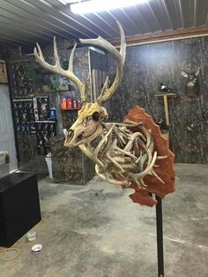 a deer head mounted on top of a wooden pole in a room filled with antlers