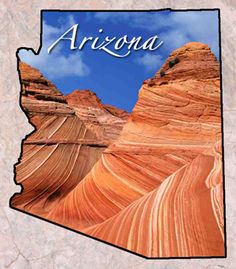 the state of arizona is shown in this map with red rock formations and blue sky