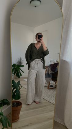 Green and cream outfit, neutrals, fall style, striped linen pants, green button up Linen Neutral Outfits, Linen Fall Outfit, Fall Linen Pants Outfit, Outfits With Cream Pants, Linen Wide Leg Pants Outfits, Green And Cream Outfit, Outfits With Linen Pants, Brown Linen Pants Outfit, Green Linen Pants Outfit