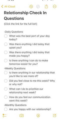 These 75 Relationship Check In Questions For Couples to ask will help you ask your partner important questions about your relationship and how things are going. There is a list of Daily, Weekly, & Monthly questions to ask your spouse, boyfriend, girlfriend, fiancé, etc. Great for long distance couples as well! Daily Relationship Check In Questions, Daily Questions To Ask Your Boyfriend, Questions To Check In With Your Partner, Monthly Relationship Check In, Chat Ideas With Boyfriend, Relationship Check In Questions Weekly, Long Distance Relationship Help, Ldr Questions For Him, Couple Weekly Check In