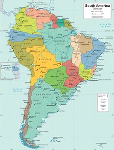 a map of south america with all the states and their major cities on it's borders