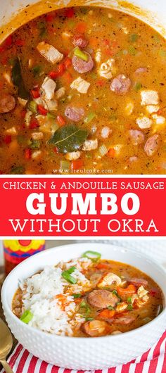 chicken and andoulie sausage gumbo without okra in a bowl with rice