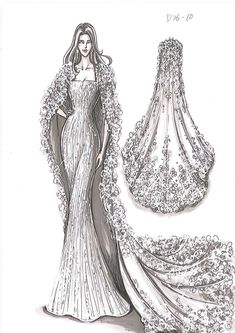 a drawing of a wedding gown and veil