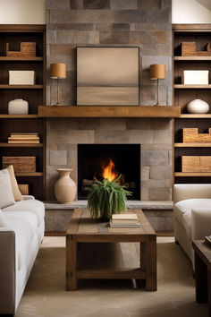 a living room filled with furniture and a fire place next to a wall mounted tv