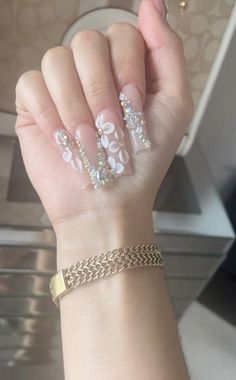 French With Rhinestones Nails, Square Nails With Rhinestones, Blinged Out Nails, Cute Almond Nails, Quince Nails, Diva Nails, Classy Acrylic Nails, Short Square Acrylic Nails, Pretty Gel Nails