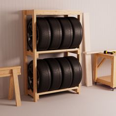 there is a shelf with several tires on it