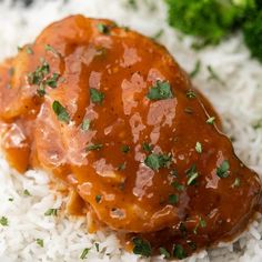 meat covered in gravy on top of white rice and garnished with parsley