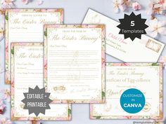 wedding stationery with flowers on it and the text, 5 templates for each