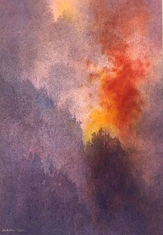 an abstract painting with orange, yellow and purple colors in the sky above trees on a foggy day