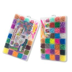 two packages of assorted colored loom beads with scissors and string on the side