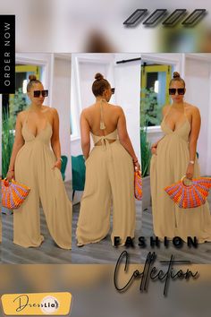 Solid Halter V Neck Loose Wide Leg Jumpsuit Casual Backless Jumpsuits And Rompers For Beach, Backless Summer Jumpsuits And Rompers In Solid Color, Casual Backless Jumpsuits And Rompers In Solid Color, Backless Solid Jumpsuits And Rompers For Vacation, Halter Neck Solid Color Jumpsuits And Rompers For Beach, Vacation Halter Neck Jumpsuits And Rompers In Solid Color, Halter Neck Jumpsuit For Vacation, Solid Color Backless Jumpsuit For Vacation, Summer Jumpsuits And Rompers One-piece