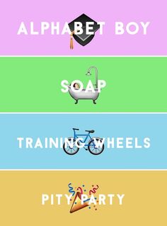 four different types of logos with the words alphabet boy, soap, training wheels, and pitty party