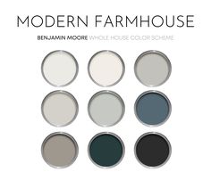 the modern farmhouse paint color scheme is shown in six different shades, including black and white