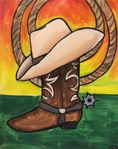 a painting of a cowboy hat and boots