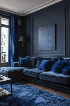 a living room filled with furniture and blue curtains