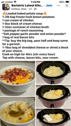 the instructions for making baked potato soup in crockpots are shown on this page