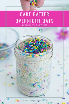 cake batter overnight oats in a jar with sprinkles