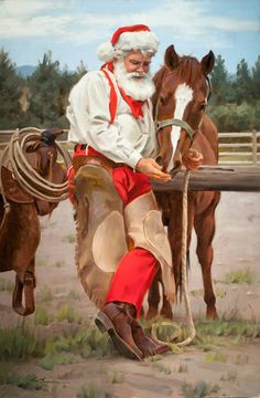 a painting of santa claus leaning on a fence next to a horse and holding a lasso