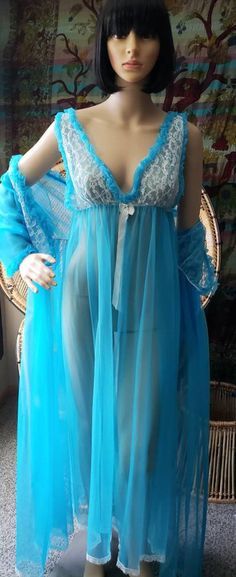 50s Blue Peignoir Set By Belle Smith Vintage London Blue | Etsy Blue Sheer Sleep Dresses, Sheer Blue Sleep Dresses, Blue Sheer Lace Sleepwear, Sheer Blue Nightgown For Bedtime, Blue Sleeveless Lace Sleepwear, Blue Lace Sleeveless Sleepwear, Blue Sheer Sleepwear For Wedding Night, Sleeveless Blue Nightgown For Wedding Night, Sheer Blue Sleepwear For Wedding Night