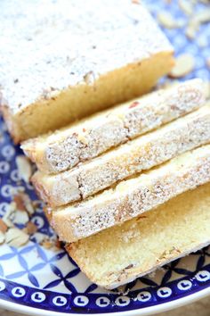 slices of cake on a blue and white plate