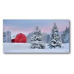 a red barn in the middle of a snowy field with trees and birds flying around