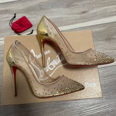 Brand New! Come With The Original Box And Dustbag. Size 6 Gold Louboutin Heels, Gold Leather Heels With Red Sole, Xv Shoes, White And Gold Heels, Louboutin Wedding Shoes, Gold Sparkly Heels, Louboutin Boots, Red Bottom Heels, Heels Aesthetic