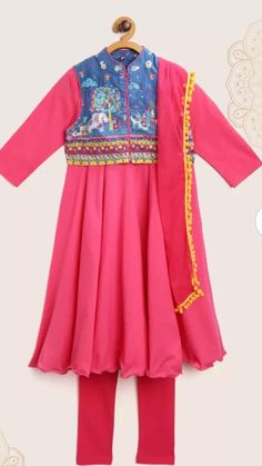 KIDS (Girls) Pink Cotton Anarkali Suit - Size 7 years Pink Anarkali suit set for your little fashionista. The set includes a kurta, churidar bottom, printed jacket in blue color. The base fabric of this set is cotton, which makes it an apt choice for your kid. This piece also includes a round neckline and 3/4th sleeves along with a woven pattern on the jacket. Pink Anarkali Suits, Cotton Anarkali Suits, Pink Anarkali, Cotton Anarkali, Printed Jacket, Woven Pattern, Anarkali Suit, Churidar, Suit Set