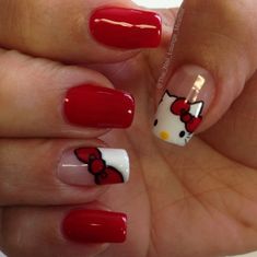 Very Short French Tip Nails With Design, Cute Nails For Winter Short, How To Do Hello Kitty Nails, Hello Kitty Nails Short Easy, Fall Unique Nails, Square Nail Ideas Short, Hello Kitty Nails French Tip, Hello Kitty Christmas Nails Short