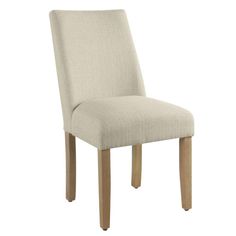 a white chair with wooden legs and a beige upholstered seat