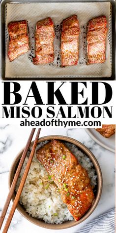 baked miso salmon with rice and chopsticks