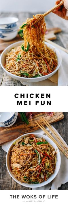 two plates filled with noodles and vegetables on top of a wooden table next to chopsticks