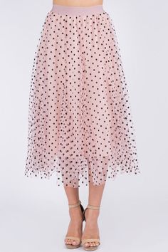 Cute as a button! This gorgeous pink with black polka dots midi skirt is perfect for engagement shoots, as part of a bridesmaid outfit, worn as a maternity skirt over your growing bump, dressed up with our Billie short top and pearls, dressed down with denim button up shirt and/or sweater, the options are endless with this fun and gorgeous piece. Feminine and polished, this skirt will get plenty of use as it will quickly turn into your favorite skirt. 100% polyester, tulle/mesh Pink Skirt For Spring Prom, Pink Spring Prom Skirt, Spring Pink Prom Skirt, Spring Prom Pink Skirt, Chic Pink Tulle Skirt, Chic Summer Skirt For Prom, Pink Summer Skirt For Prom, Pink Summer Prom Skirt, Spring Prom Skirt With Lining