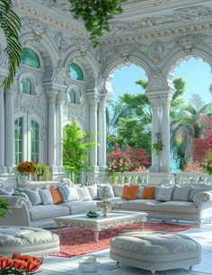 a living room filled with white furniture and lots of flowers on top of the floor