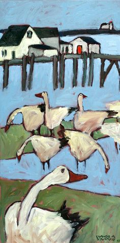 a painting of geese flying over the water near a dock with houses in the background