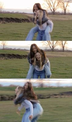 two girls are playing in the grass and one girl is hugging her friend's back