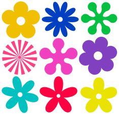 six different colored flower shapes on a white background, each with an individual's own image