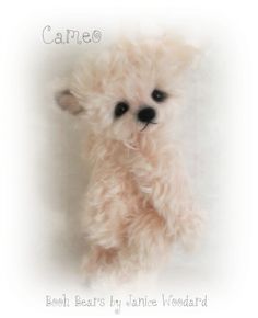 a small white teddy bear sitting up against a wall