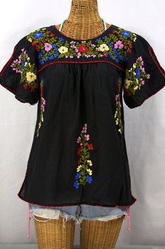 You need this because it goes with everything!  Siren's "La Lijera" Embroidered Peasant Blouse Mexican Style in Black.  #boho Pattern Outfits, Embroidery Patterns Free, Boho Tunics