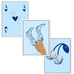 three cards with different designs on them, one is blue and the other has white polka dots