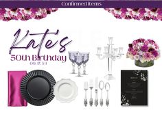 an advertisement for a 50th birthday party with pink flowers and silverware on the table