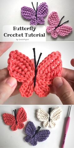 crocheted butterflies are shown in three different colors, one is pink and the other is