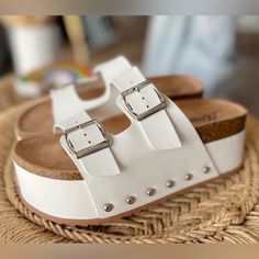 Platform, Casual, Sandals -Women's -Synthetic Leather -Round Toe -Slide Sandals Trendy Double Strap Synthetic Slides, Trendy Synthetic Double Strap Slides, Faux Leather Sandals With Textured Footbed For Summer, Summer Textured Faux Leather Sandals, Trendy Faux Leather Sandals With Cushioned Footbed, White Platform Footbed Sandals For Vacation, Summer Flat Faux Leather Mules, Trendy White Leather Footbed Sandals, White Platform Footbed Sandals