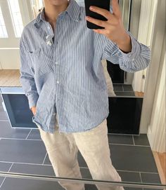 Linen Pants Men Aesthetic, Nantucket Mens Fashion, Men’s Striped Shirt Outfit, Coastal Grandson Aesthetic Outfits, Blue Shirt With White Pants, Coastal Outfits Men, Scandinavian Style Men Summer, Mens Shirts Aesthetic, Stripe Linen Shirt Outfit