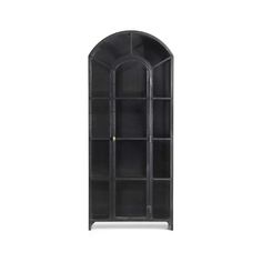 a black bookcase with an arched glass door