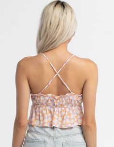 Rsq Daisy X-Back Babydoll Top. All Over Print. Adjustable X Back Ties. Ruffle Hem. Elastic Waist. 100% Rayon. Hand Wash. Imported. Model Is Wearing A Size Small. Model Measurements:height: 5'8" Bust: 30"waist: 23"hips: 35" Cute Sleeveless Tie Back Tops, Cute Spring Tie Back Tops, Cute Cami Tops For Beach, Cute Cami Beach Tops, Multicolor Tie Back Summer Top, Cute Ruffled Cami Top, Casual Sleeveless Ditsy Floral Top, Cute Daisy Print Summer Tops, Cute Floral Print Cami Top