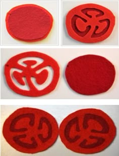 four different images of red circles with the letters e and g on them, all made out of felt