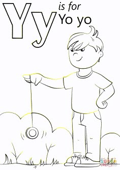 the letter y is for yoyo coloring page with an image of a boy holding a stick